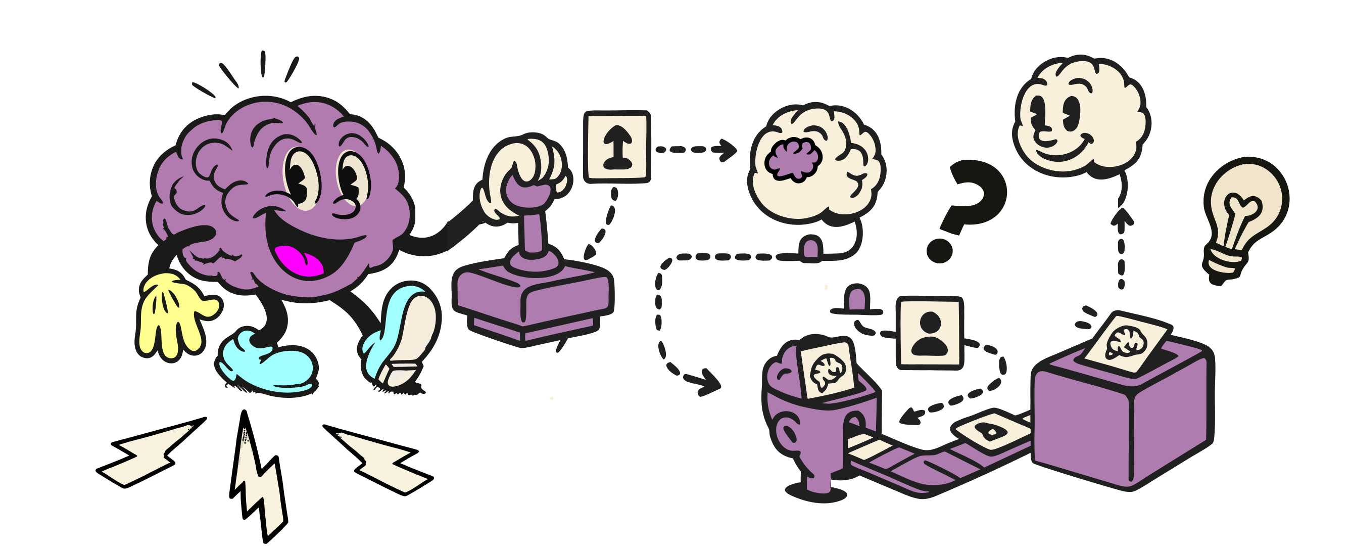 Forky operating a joystick over a conveyor belt of brains