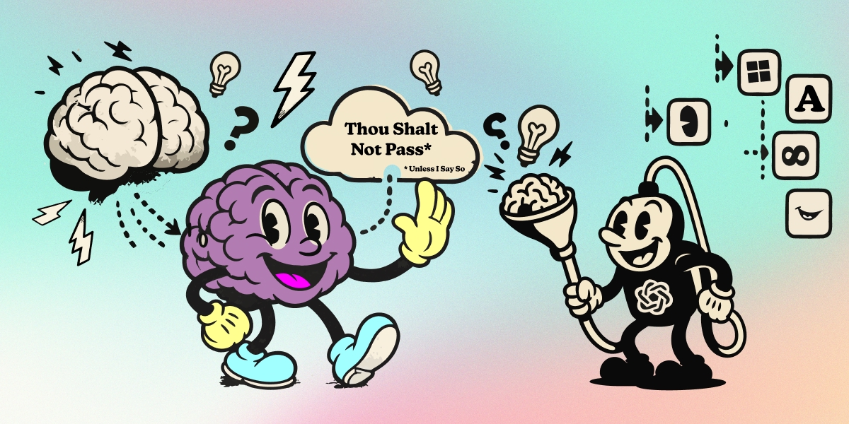 Forky the brain mascot saying 'Thou Shalt Not Pass*' to a vacuum-shaped robot trying to hoover up his knowledge